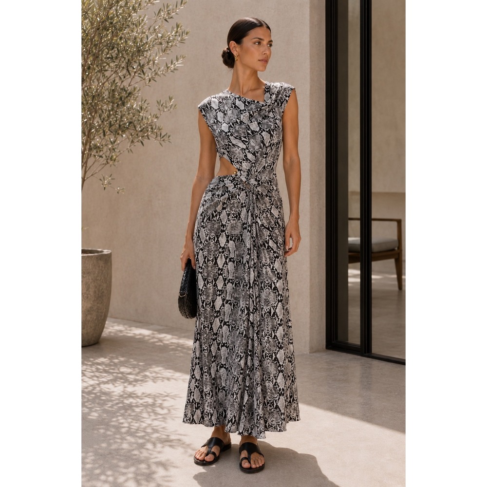 NEW A.L.C. Beale Snakeskin Print Waist Cutout Maxi Dress Women 8‎ Gold Hardware